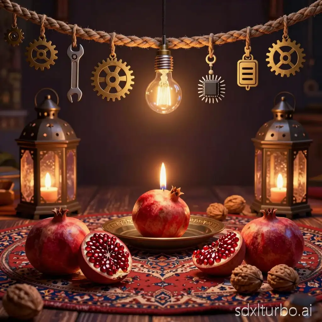 Persian Yalda night, traditional Iranian still life, cinematic warm lighting, pomegranates and walnuts on Persian carpet, lantern and candles, symbolic braided rope with hanging objects representing storytelling and future, gears, wrench, light bulb, microchip, cultural fusion of ancient Persia and modern technology, ultra detailed, artistic illustration, high quality, no text
