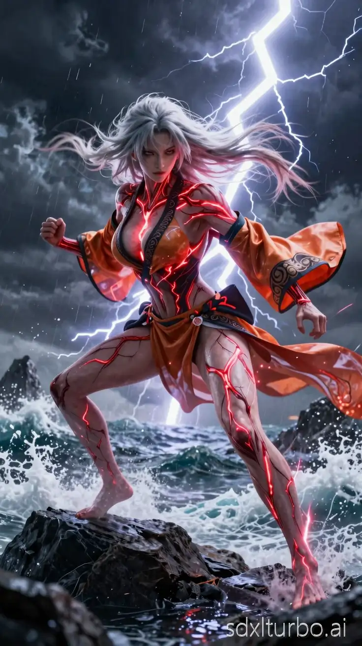 A fierce anime-style 8K cinematic full body portrait of a powerful female character, half bending forward fighting pose on jagged rocks above a stormy ocean. She has a hourglass, muscular figure with glowing red energy veins crackling across her skin, radiating electricity. She wears a revealing short open-front kimono with intricate black-thread patterns, translucent orange silk layers. Her long silver-blonde hair flows wildly in the storm wind. Behind her, massive lightning bolts strike down from a dark, stormy sky, illuminating the scene with dramatic contrast. Waves crash violently against the rocks, mist and spray rising around her. The atmosphere is charged with electricity, cinematic lighting, highly detailed textures, ultra-realistic anatomy, and dynamic storm effects.