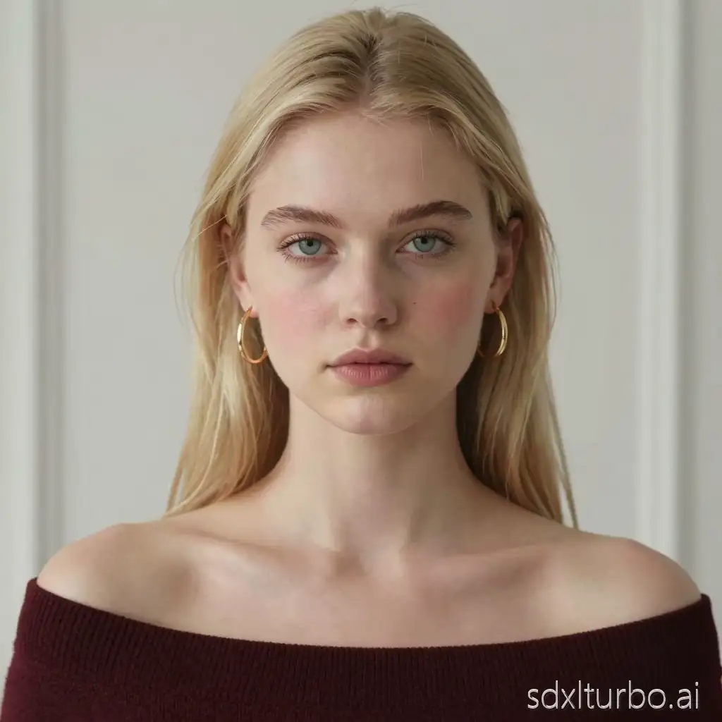 ultra detailed portrait of a young woman, platinum blonde long silky hair, center-parted hair, pale porcelain skin, light blue-green eyes, soft pink lips, delicate nose, oval face, subtle blush, natural makeup, long eyelashes, minimal aesthetic, soft indoor lighting, elegant gold hoop earrings, off-shoulder dark burgundy sweater, highly symmetrical face, realistic skin texture, photorealistic, shallow depth of field, clean white room background, cinematic portrait, soft shadows, high facial detail, neutral expression, luxury beauty editorial style