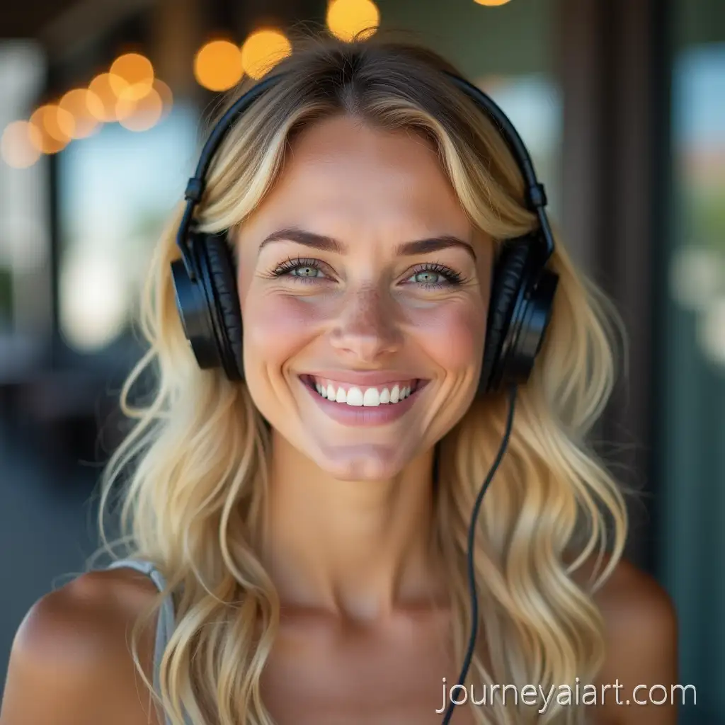 Happy-Blonde-Woman-Enjoying-Music-with-Earphones-in-Portrait-Style