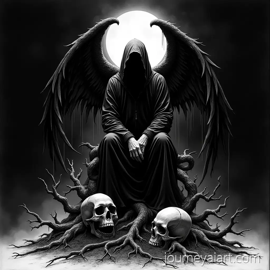 Grim-Reaper-with-Wings-Sitting-on-Twisted-Roots-and-Skulls-in-Gothic-Horror-Ink-Illustration