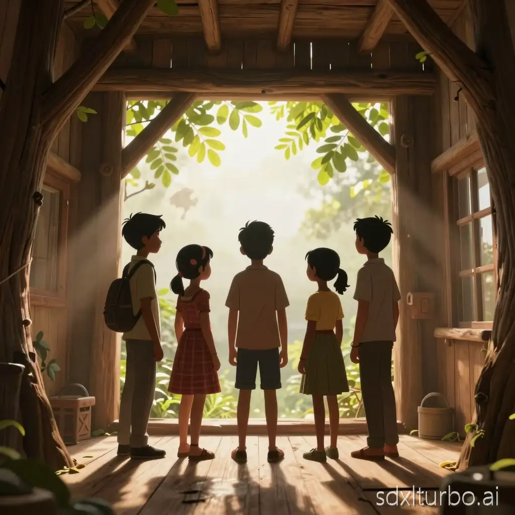Wide cinematic interior shot inside a handmade treehouse HQ, all five Indian kids standing together silhouetted against a bright window, warm sunlight streaming through gulmohar leaves, wooden walls and floor framing the scene, soft rim light around their silhouettes, faint mysterious movement visible outside in soft focus, quiet suspense and anticipation, calm before adventure, Indian childhood detective mood, cinematic animated storytelling illustration style, high clarity