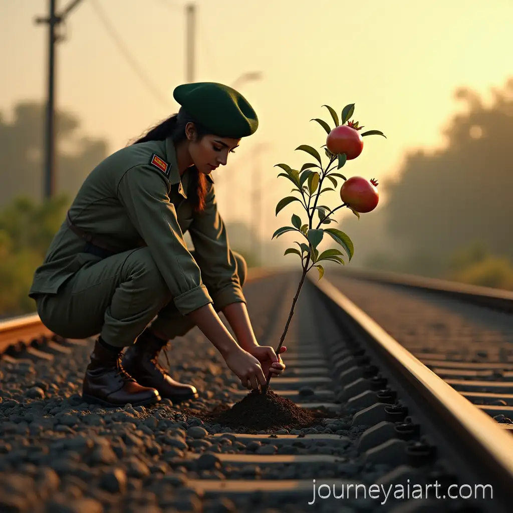 Indian-soldier-planting-saplingIndian-Female-Soldier-Planting-Pomegranate-Sapling-Near-Railway-Tracks-at-Dusk