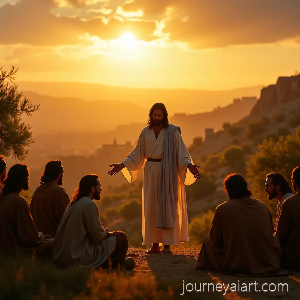 Jesus-Christ-Teaching-Twelve-Disciples-on-Hillside-at-Golden-Sunset-in-Judean-Landscape