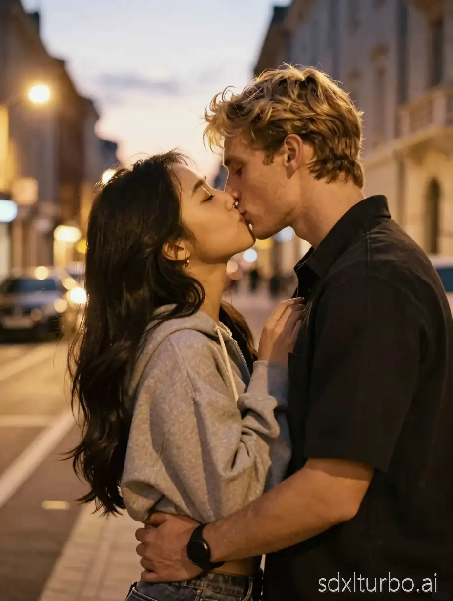 A young Korean woman with long dark wavy hair and a soft round face, in a cropped hoodie, kissed by a blondish european man embracing her from behind on a city street at dusk, golden streetlights flickering on, warm amber light, romantic mood, cinematic, shallow depth of field, city bokeh background
