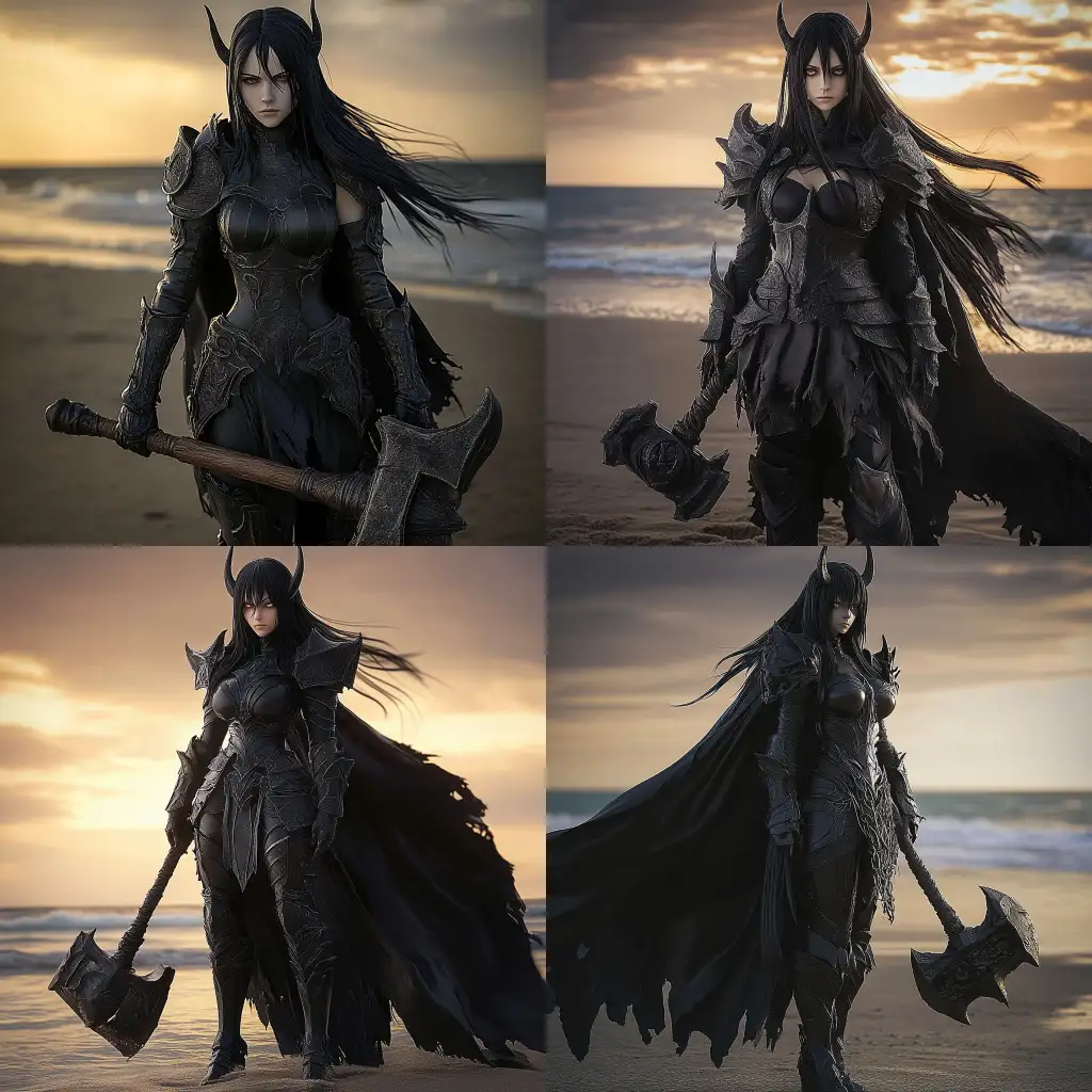 Dark-FantasyDark-fantasy-warrior-beach-Female-Warrior-in-Gothic-Armor-on-Beach-at-Sunset