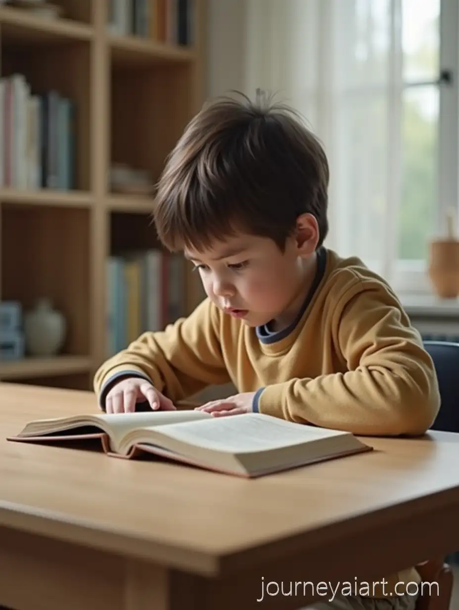 Frustrated-Child-Struggling-to-Read-a-Slipping-Book-at-a-Home-Desk
