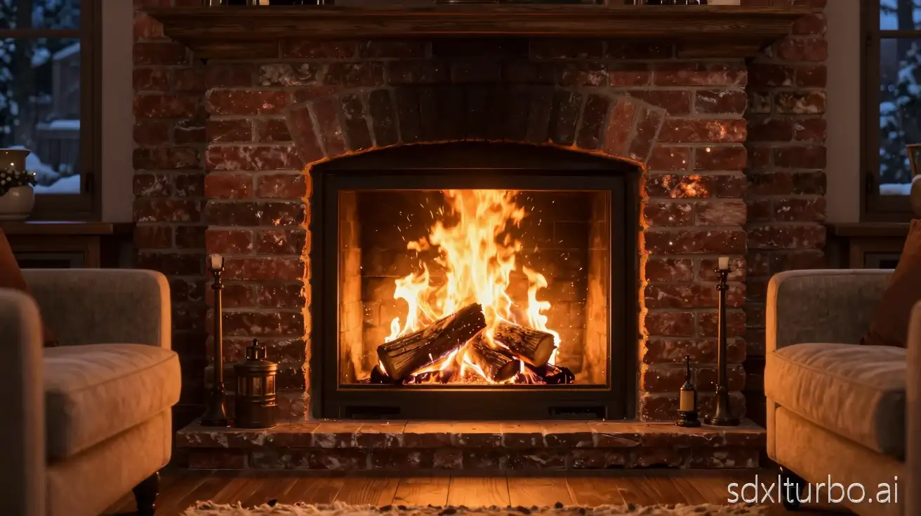 Ultra-realistic 8K cozy living room interior with a traditional brick fireplace, glowing orange and yellow flames rising naturally, detailed burning wooden logs with visible embers and sparks, realistic fire movement, warm cinematic lighting reflecting on red brick walls, soft shadows, luxurious living room with elegant sofas and comfortable armchairs placed around the fireplace, wooden floor, calm winter evening atmosphere, photorealistic textures, depth of field, HDR, ultra-sharp focus, cinematic composition, no people, peaceful and relaxing mood — aspect ratio 16:9