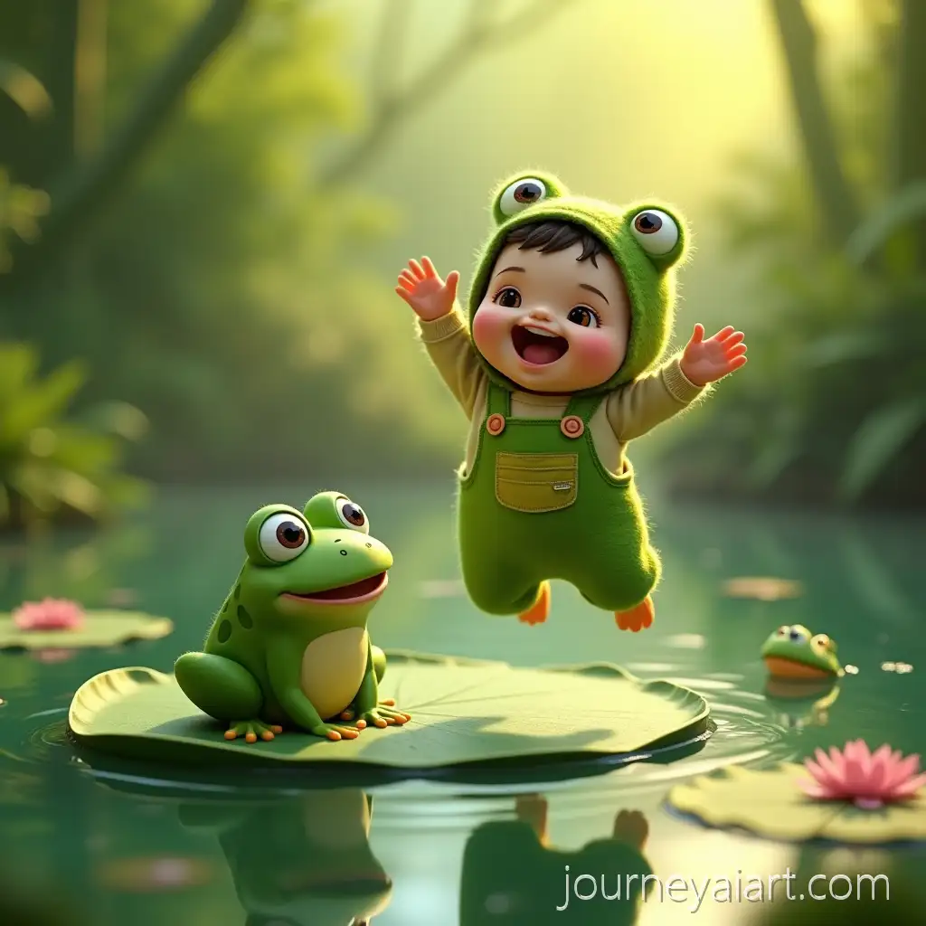 Adorable-Chubby-Boy-and-Cartoon-Frog-Jumping-on-Magical-Lily-Pad-in-PixarStyle-3D-Animation
