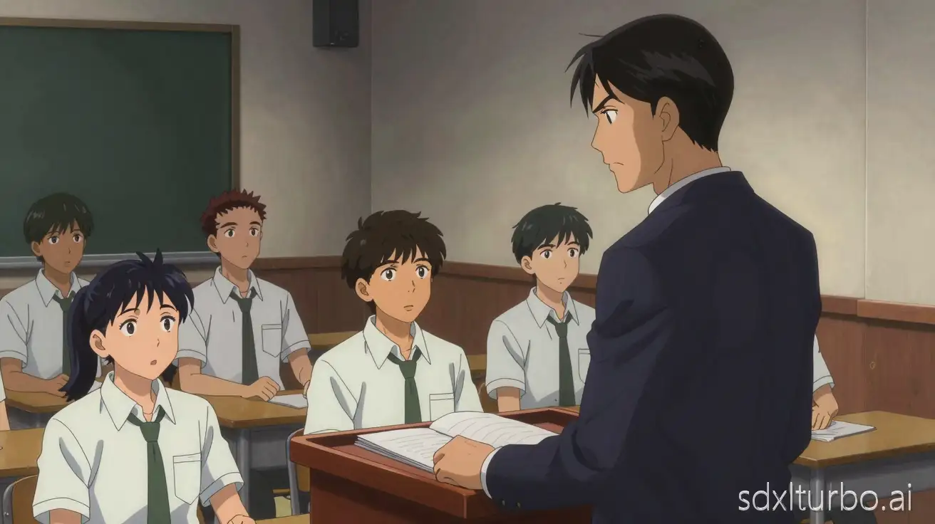 anime, cel-shaded, 2D illustration, line art, studio lighting, painterly, realistic anime, high detail
*Scene 7*
Teacher at podium ignoring Aarav, stern expression, spotlight on talented students, Aarav barely visible in corner.