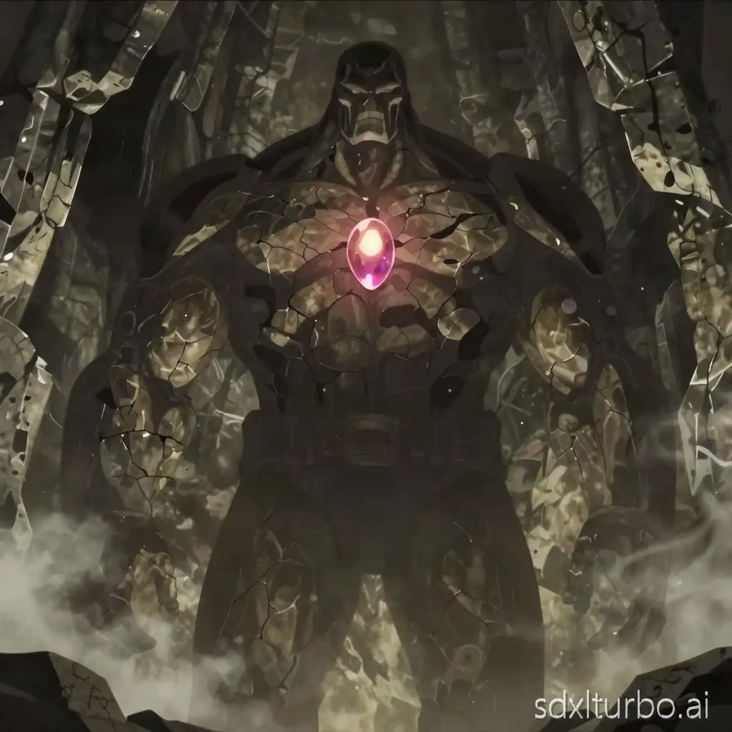 rough cinematic anime storyboard, colossal ancient titan, fused with cavern stone, cracked geological skin, glowing gemstone heart in chest, monumental scale, strong silhouettes, flat color shading, dramatic lighting, low angle, volumetric fog shapes, minimal detail, epic presence