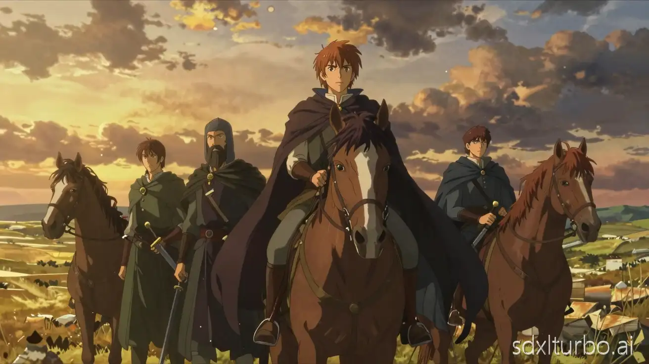 Wide cinematic fantasy shot, semi-realistic anime style. A brave young prince riding a horse alongside his brothers across vast lands, medieval fantasy setting. Flowing cloaks, swords at their sides, determined expressions. Golden sunset light, epic journey atmosphere, dramatic clouds, rich colors, storytelling illustration, high detail.