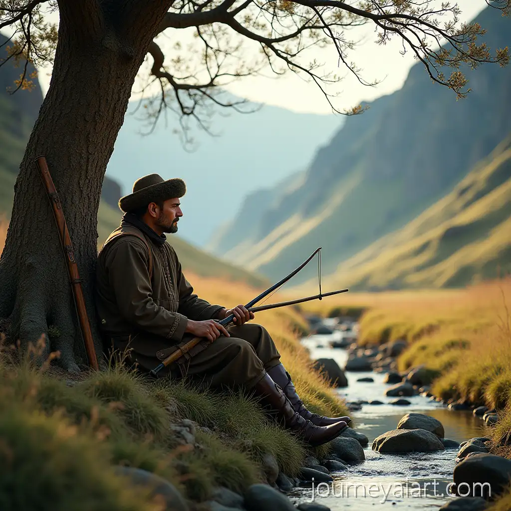 Kazakh-Hunter-Resting-Under-a-Tree-in-Mountain-Valley