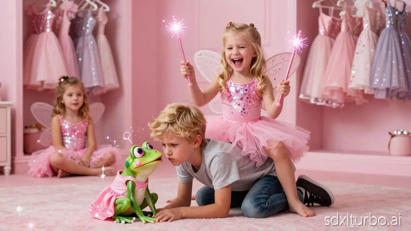 Image of several big laughing barefooted elementary school aged little blonde girls wearing pink sparkly tutus and pink sparkly leotards with fairy wings and no shoes are sitting on the back of on a 12 year old boy blonde boy who has a sour look on his face with a glow and sparkles around him and waving pink sparkly glowing magic wands. The boy is in casual clothing and shoes. The boy is down on the floor. They are in a baby pink room with baby pink walls and baby pink carpeting. There is a closet full of pretty sparkly dresses. There is a little girly frog who is sitting on the floor wearing a pink dress. The frog is surrounded by a glow and sparkles, has hot pink lips with hot pink blush and hot pink glittery eyeshadow. The frog's puckering lips are touching the boy's.