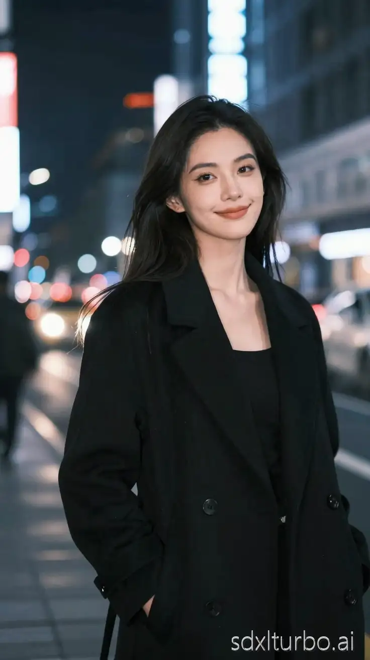 cool confident chinese indonesian adult woman, 26 years old, original fictional character, sharp eyes, subtle confident smile, long dark hair, sleek city fashion, black coat, minimalist style, night city atmosphere, neon lights, cinematic lighting, urban mood, shallow depth of field, bokeh city lights, 35mm film look, cinematic realism, tasteful, no nudity, no explicit content.