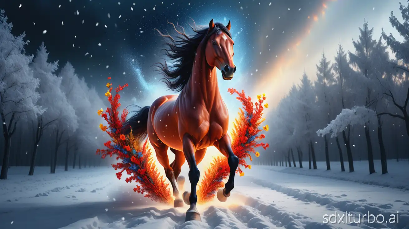 A hyperrealistic photo. Surreal art. Winter, snowfall. A majestic Red Fire Horse, made of pure energy, leaps out of the blue, cracking binary code that covers half the sky. The horse carries a dazzling golden light and colorful flowers, illuminating a dark, gray world. In the foreground, a handsome, slender, athletic man of 35 years old, with long dark hair, stands in winter clothing, and a huge crowd of jubilant, joyful, happy people raise their hands to the light. A symbol of liberation and the New Year 2026.