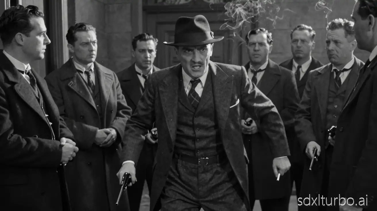 1930s gangster storming out of meeting, black and white, angry mob boss in suit, men behind him gripping concealed pistols under coats, gun handles visible, cigarette smoke, dramatic shadows, noir crime realism, film grain, cinematic tension
