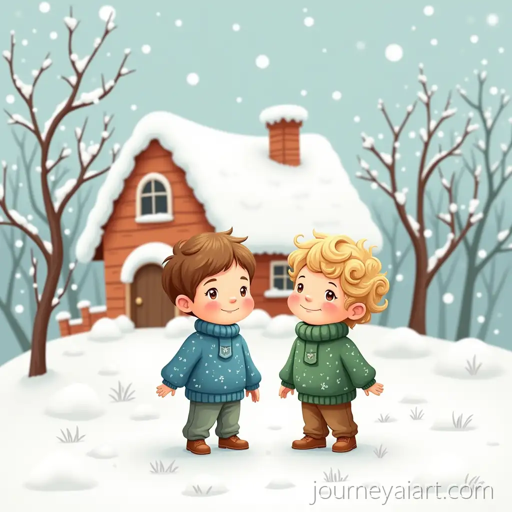 Cartoon-Winter-Scene-of-Two-Young-Boys-at-Their-Nanas-Cozy-Snowy-House