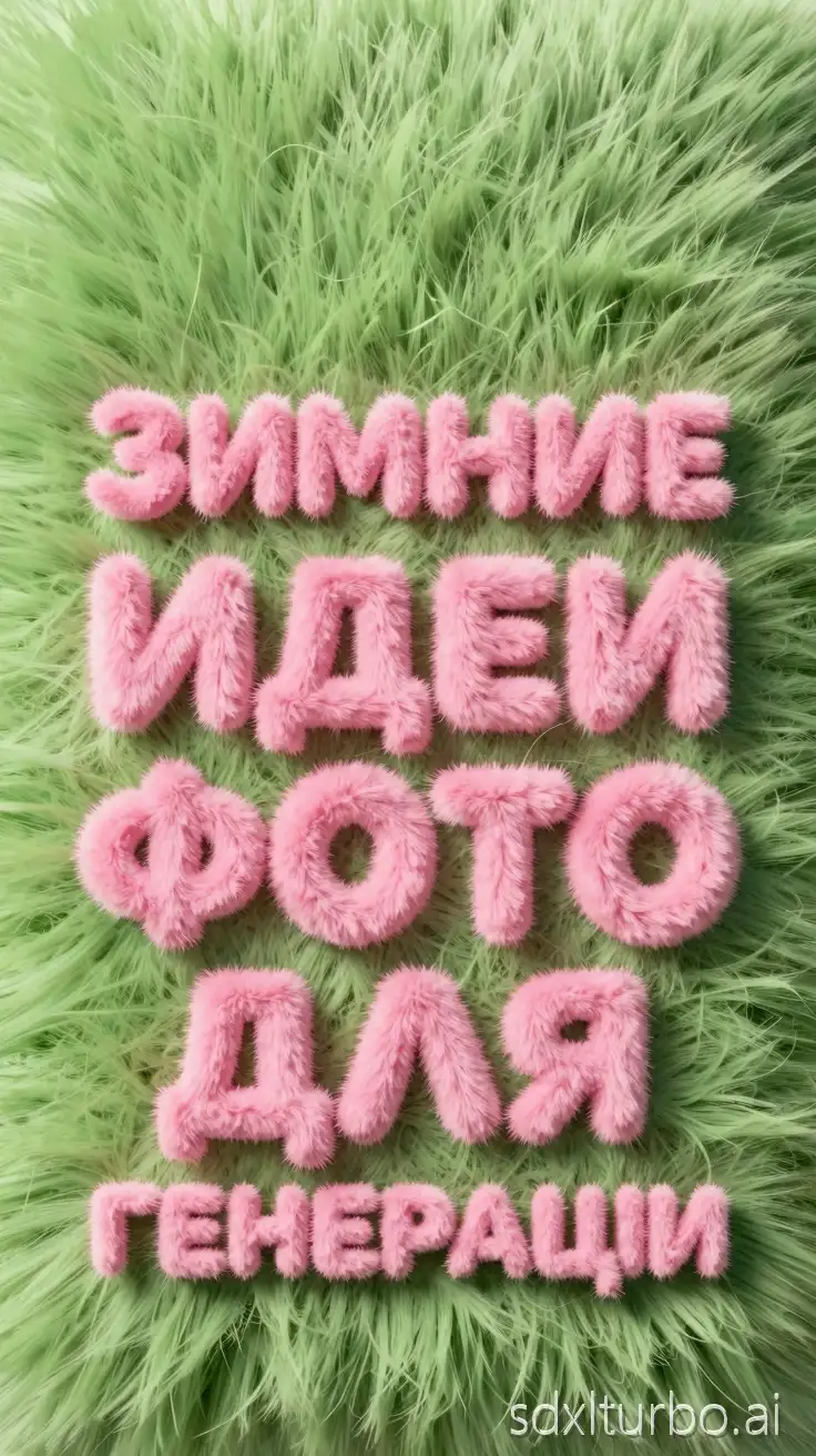Soft furry 3D text “ЗИМНИЕ ИДЕИ ФОТО ДЛЯ ГЕНЕРАЦИИ”, fluffy pink letters, realistic fur texture, smooth rounded shapes, green fur background, clean centered layout, soft shadows, macro detail, high resolution