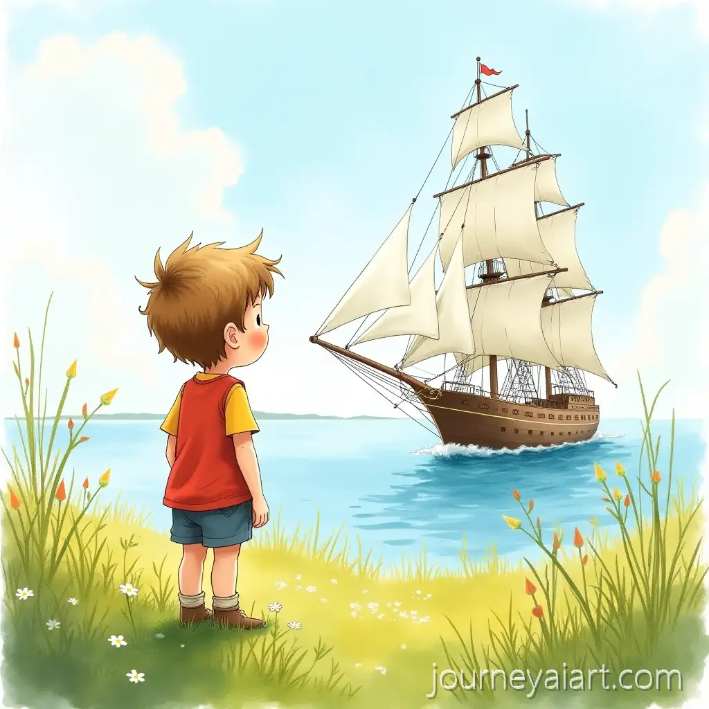 Child-Watching-a-Sailboat-on-a-Seaside-Meadow-with-Adult-Hand-in-Watercolor-Illustration