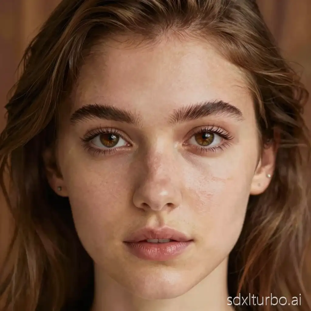A symmetrically centered, ultra-close-up photorealistic portrait of a young woman's face. Her deep, expressive brown eyes are gazing directly at the viewer with captivating clarity, reflecting soft light. Her eyebrows are flawlessly shaped, and her detailed eyelashes frame her eyes perfectly. The portrait captures the natural texture of her radiant skin, which has a healthy glow and is not overly smoothed. Her light brown, wavy hair softly frames her face. Small stud earrings are visible. The composition is a headshot from forehead to chin. The background is a warm, deeply blurred, textured bokeh of rich brown tones, like aged wood. Soft, natural light illuminates her features, creating beautiful highlights and gentle shadows. 8k, hyper-detailed, masterful photography, shallow depth of field, sharp focus on the eyes. --ar 4:5 --stylize 250 --v 6.0 --q 2 --style raw