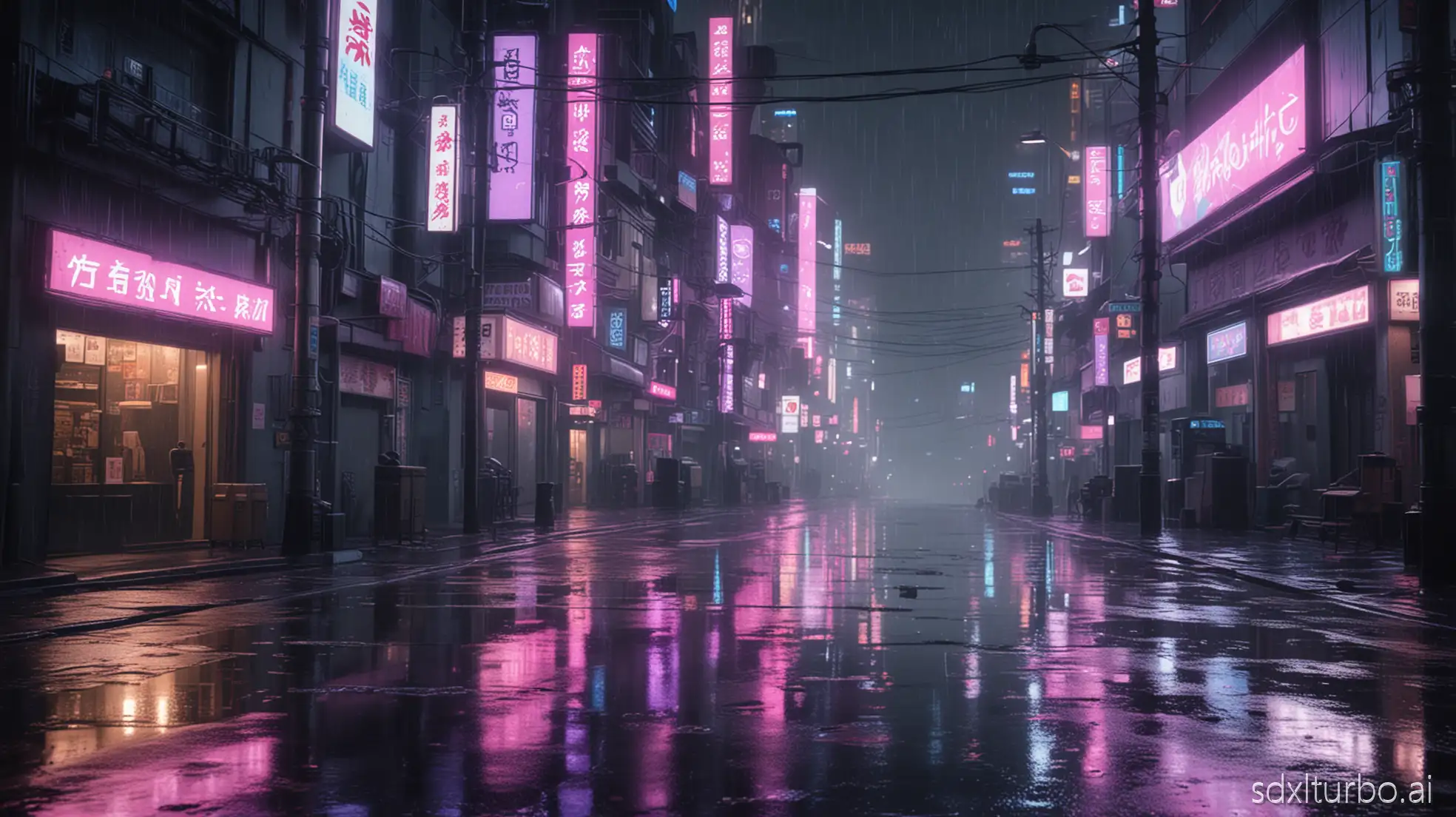 Cyberpunk Neo-Tokyo street at night, year 2085. Heavy rain falling, reflective wet asphalt, neon lights in purple, blue, and pink. Flying hologram ads, futuristic signs in Japanese, steam rising from vents, small puddles with glowing reflections, atmospheric depth, ultrarealistic, cinematic lighting, volumetric fog, 8K detail, moody ambience, rainy dystopian city, dark but glowing, hyper-detailed environment, realistic rain streaks on camera lens, wide angle shot.