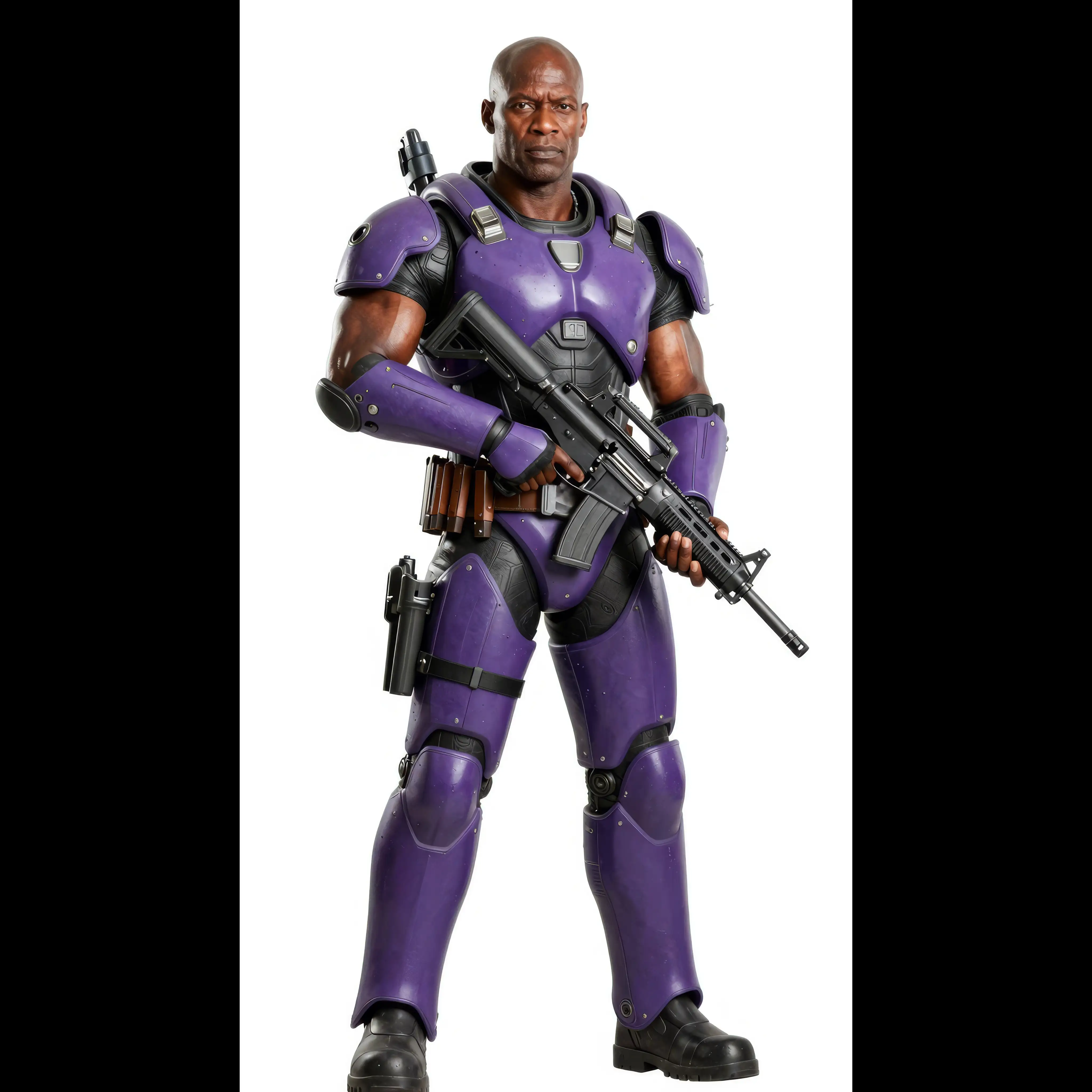 a 37-year old black male warrior with balding head, robust body with muscles, purple high tech exoskeleton with weapon belt with weapon belt, a automatic rifle in his hands, hey stands in a white background, he looks seriously the camera,