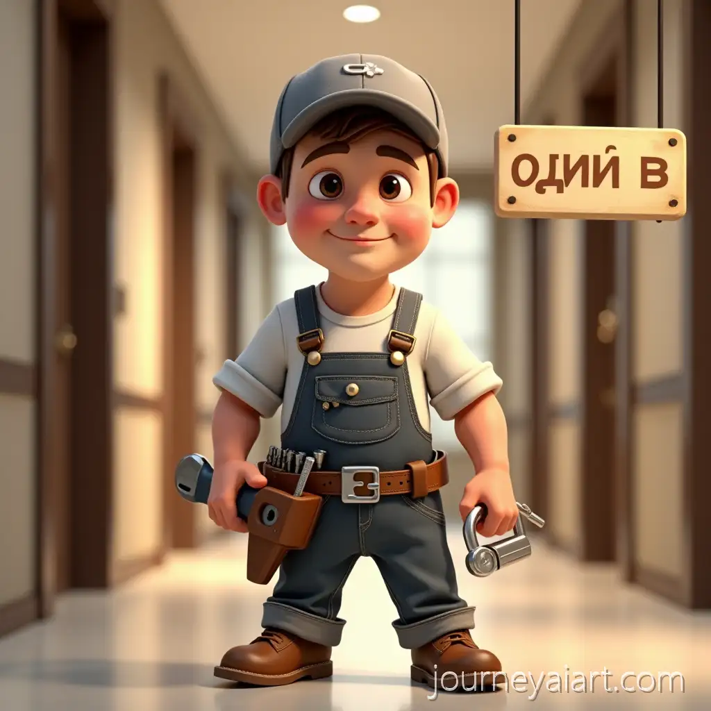 Pixar-StyleMechanic-in-Hotel-Hallway-Cartoon-Locksmith-Mechanic-Repairing-Door-Locks-in-Modern-Hotel-Hallway