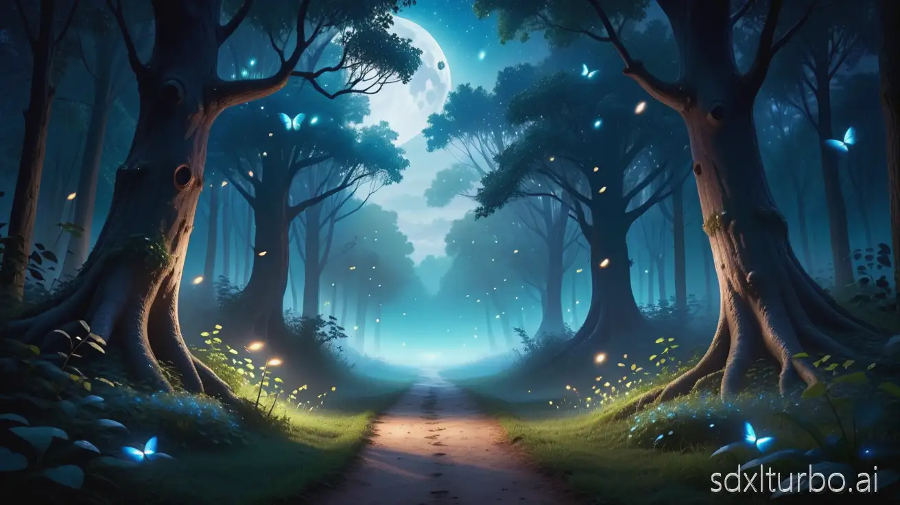 Night forest entrance covered in bluish mist, fireflies floating in the air, ancient trees arching above the path, soft moonlight, magical and peaceful mood, no characters, high detail, cinematic fantasy background, space for text at the center.