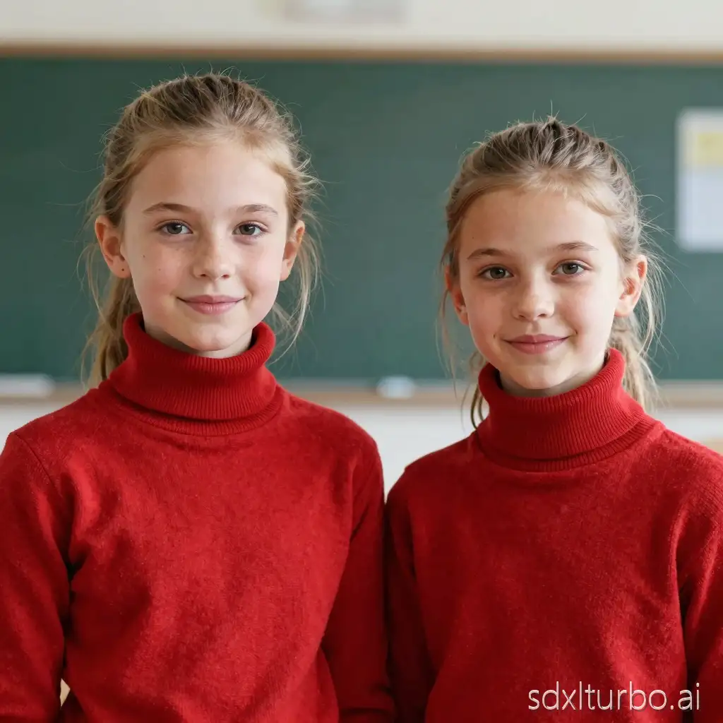 Create a highly detailed, photorealistic image of two distinct twelve-year-old European girls standing in a classroom setting, arranged in a cascading composition. Both girls are facing directly toward the camera with gentle, modest smiles and slightly parted lips. They are wearing form-fitting, high-collared light red turtleneck sweaters that fully cover their necks, with natural, non-ribbed textures. Emphasize lifelike facial features, realistic skin tones, and natural lighting to enhance depth and authenticity, capturing a vivid, true-to-life portrait.