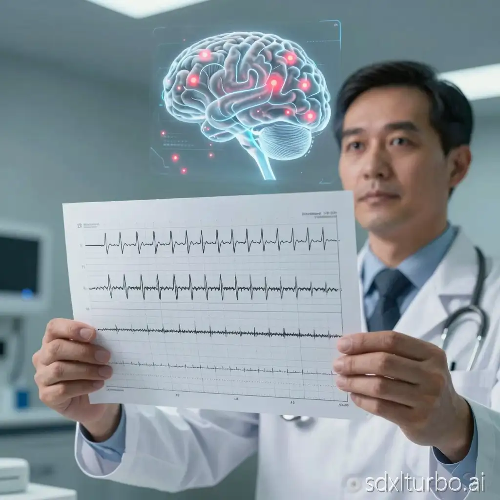 A highly detailed, realistic medical scene. A professional neurologist-epileptologist in a white coat is holding a printed electroencephalogram (EEG) sheet in both hands. The EEG paper clearly shows exactly 15 parallel horizontal channels (rows) of brain electrical activity, each with distinct waveforms, evenly spaced, like a real clinical EEG recording. The EEG must look authentic, complex, and multi-channel — NOT a single waveform, but multiple (15) stacked lines. Above the EEG sheet, a semi-transparent holographic 3D human brain is projected, glowing softly. On the brain surface, visible epileptogenic foci appear as red glowing spots of varying intensity, scattered across different regions. The doctor is looking focused and professional. Clean clinical environment, modern neurology setting. Cinematic lighting, ultra-realistic, high detail, sharp focus, depth of field, medical accuracy. Style: photorealistic, 8K, medical illustration meets real photography.