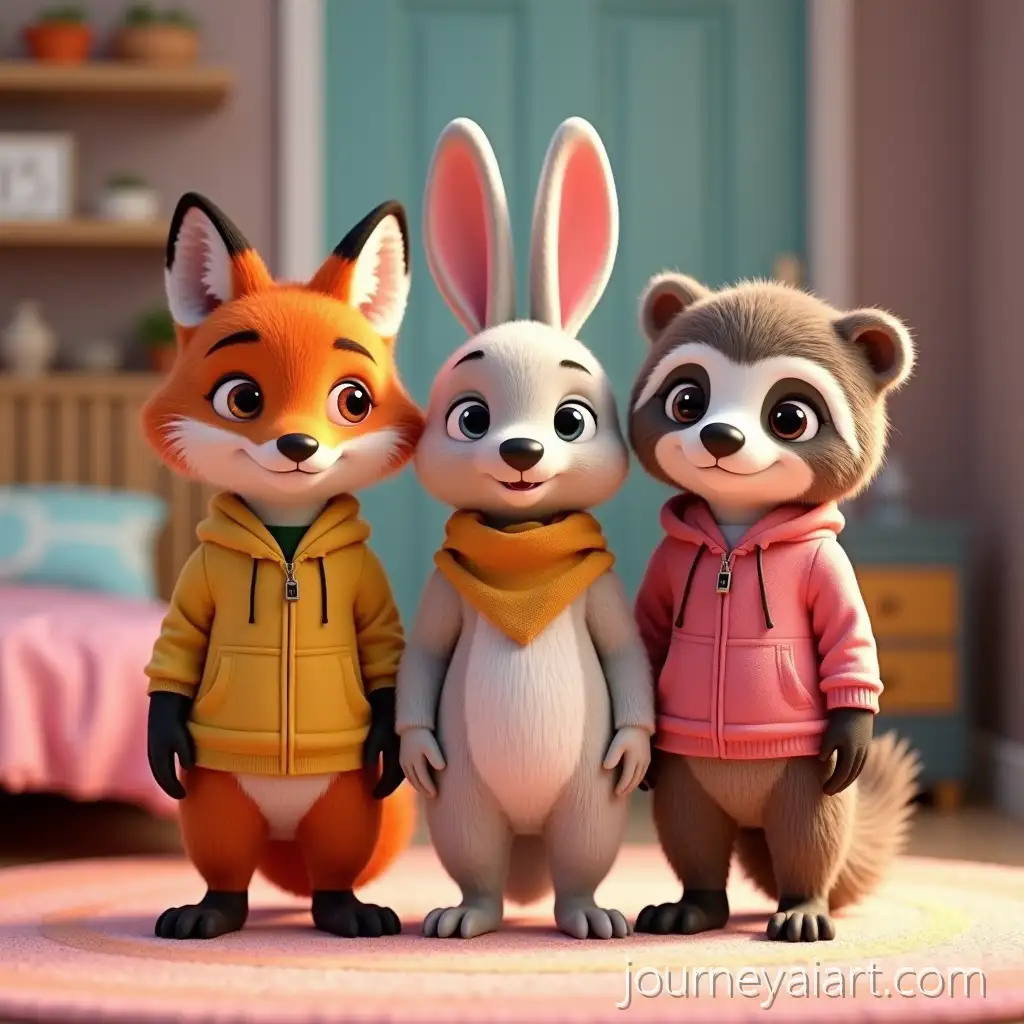 Anthropomorphic-animals-in-costumesAnthropomorphic-Fox-Rabbit-and-Sloth-in-Playful-Crossover-Costumes-in-Colorful-Toy-Bedroom