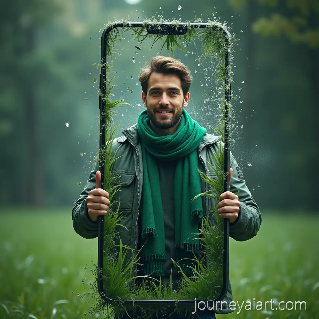 PhotDramatic-Workout-Smartphone-Sceneorealistic-Man-Emerging-From-Shattered-TikTok-Smartphone-Screen-in-Stylish-Jeans-and-Green-Scarf