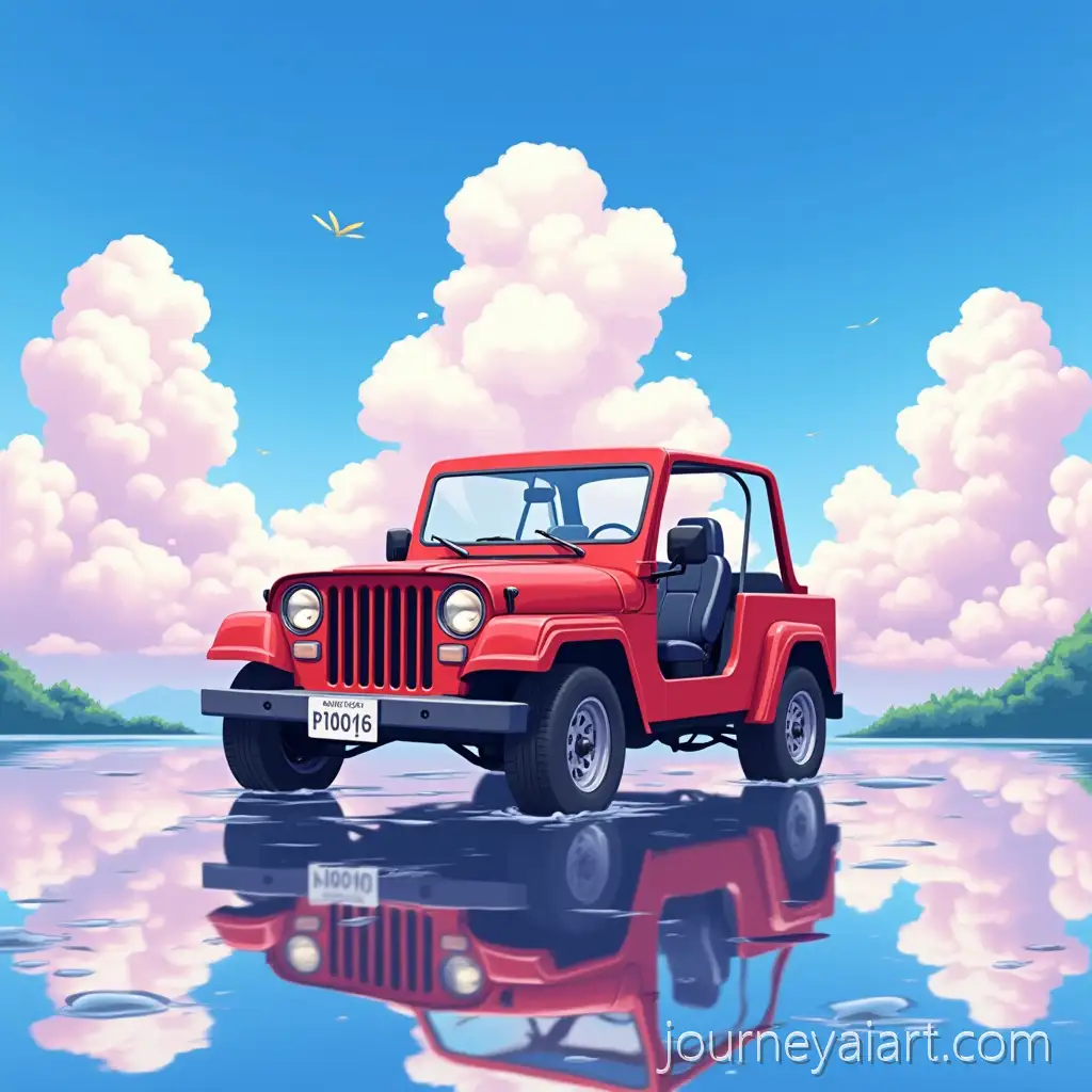 Colorful-Anime-Sky-with-Puffy-Clouds-and-Red-Jeep-Reflection