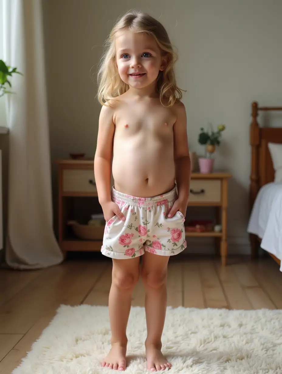 A skinny little girl in short cotton pajamas with a floral pattern. Standing on a rug in her bedroom. Bare tummy. She has a shy smile.