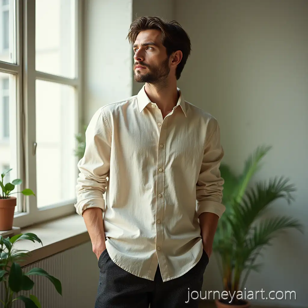 Editorial-Fashion-Photography-ofEditorial-fashion-photography-Male-Model-in-Beige-Linen-Shirt-in-Minimalist-Studio