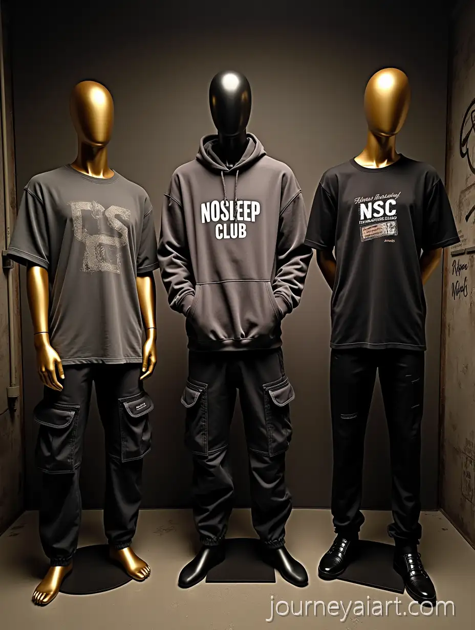 UrbanStreetwear-Showroom-Display-Streetwear-Showroom-Display-with-Gold-and-Black-Mannequins-Wearing-NoSleep-Club-Collection