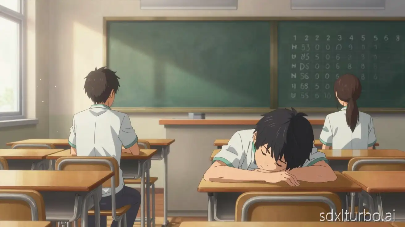 Anime, realistic anime, PART 1 – THE WEAKEST STUDENT. Wide shot of a modern classroom with neat rows of desks. Digital ranking board glowing faintly at front. Aarav (15-year-old boy, short black hair, slim build) sits in last row, slouched, head down, tired and small. Confident students in uniforms in midground. Soft afternoon sunlight streaming through window, dust motes visible. Cel-shaded line art, high detail, emotional mood, studio lighting, warm palette.