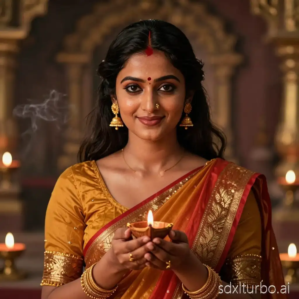 Ultra realistic 23-year-old Indian Hindu spiritual woman, divine and attractive face, glowing medium wheatish skin, big expressive eyes with kajal, soft natural makeup, long black silky hair, wearing elegant saffron and red saree with golden border, small red bindi on forehead, subtle sindoor, traditional gold jewelry, holding a diya in hands, calm peaceful smile, spiritual aura, temple background with soft glowing diyas and incense smoke, warm golden lighting, cinematic composition, 85mm lens, shallow depth of field, ultra detailed skin texture, photorealistic, instagram influencer style, high fashion spiritual portrait, 8k ultra HD