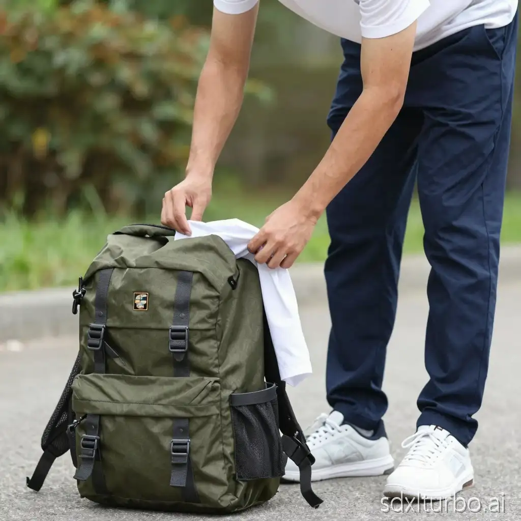 man of 30 years putting white shirt and blue pants in a green backpack, which is supported on the ground