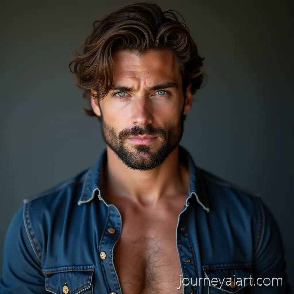 Handsome-Muscular-Man-with-Dark-Blond-Hair-andHandsome-Man-with-Beard-Blue-Eyes-Wearing-Unbuttoned-Snap-Shirt-and-Jeans