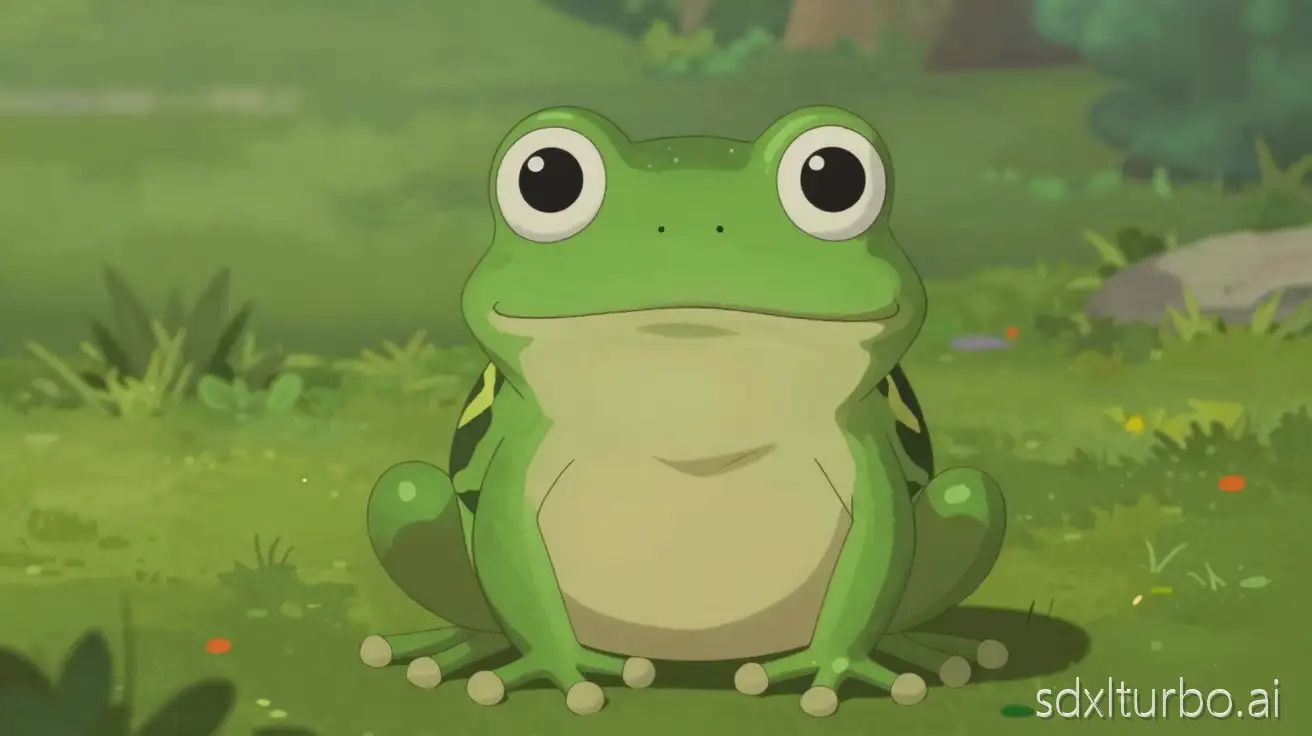 frog Prince B, green little frog, round eyes, gentle expression, small body but with a prince-like aura. All scenes maintain the same frog's appearance and color.