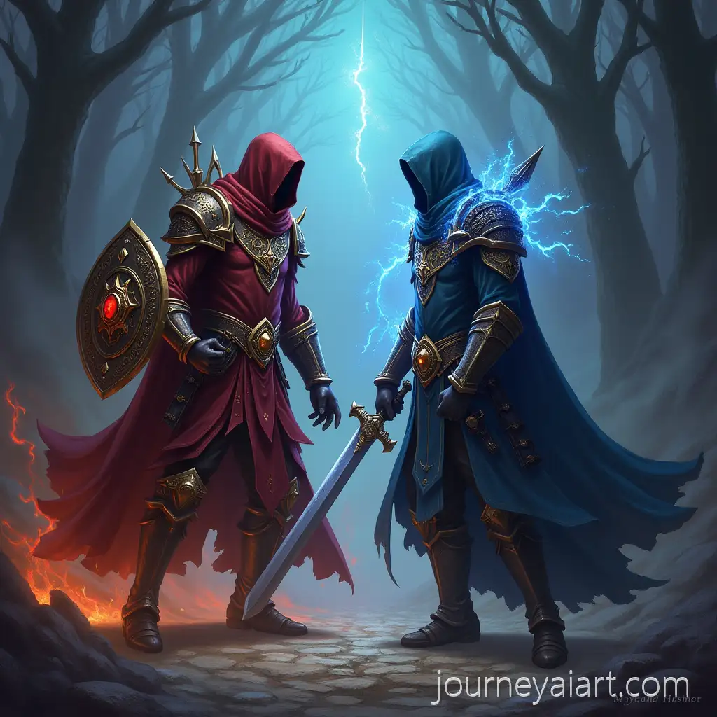 Mystical-warriors-duelMystical-Warriors-Engaged-in-an-Occultist-Light-vs-Dark-Shield-Duel