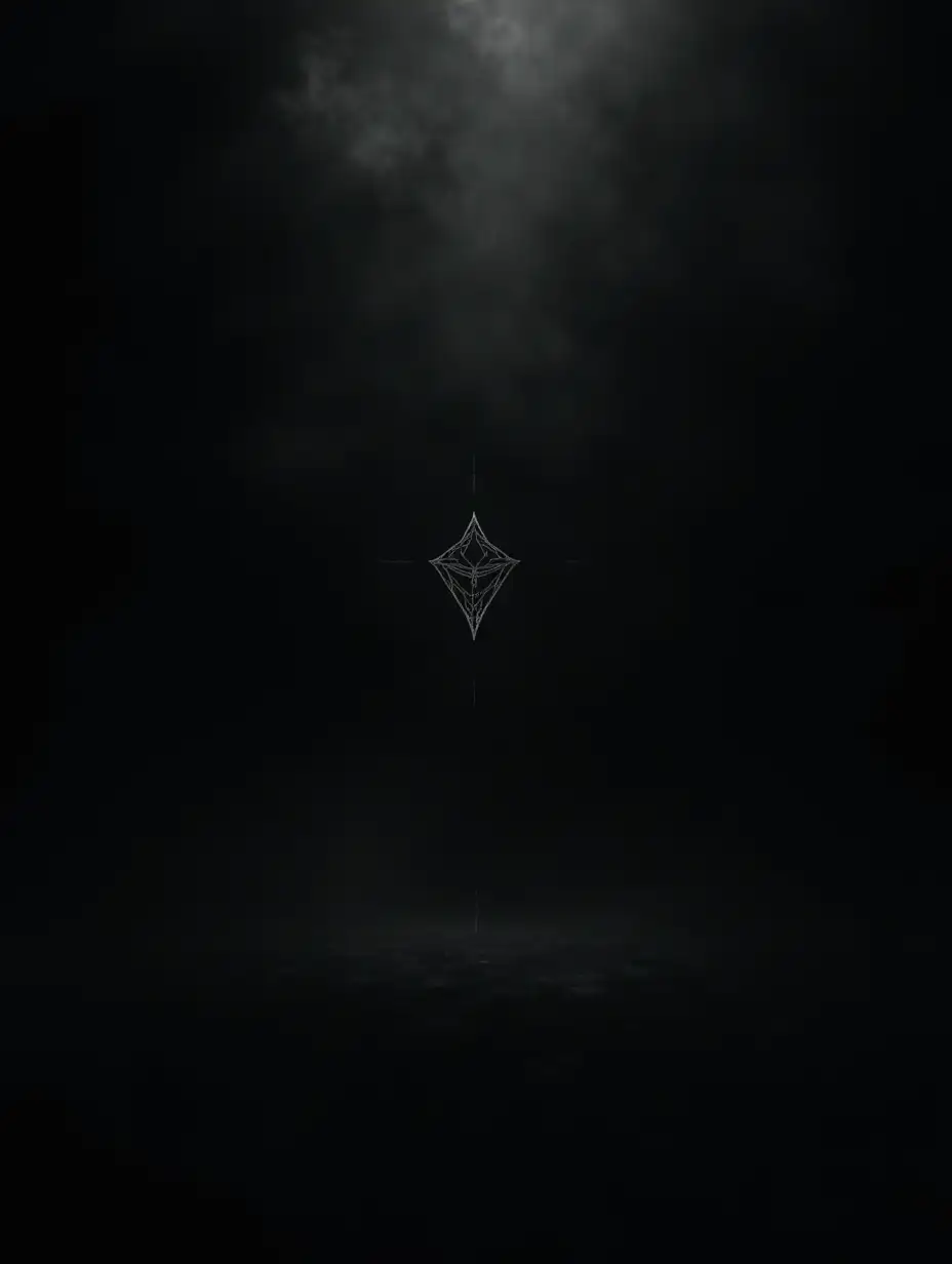Dark mythic atmosphere, cinematic low-key lighting, deep shadow composition. The background is pure black darkness with faint drifting mist, creating a mysterious void. No figures or environments, only darkness and subtle depth.

In the centre sits a sigil symbol drawn in organic sacred geometry linework inspired by ancient tattoo markings. The sigil is extremely subtle, rendered in dark charcoal grey on black, very low contrast so it is only just visible in the darkness.

Minimal composition with the sigil emerging quietly from shadow. Nearly monochrome palette of deep black and charcoal tones. Strong chiaroscuro lighting with extremely restrained highlights. The feeling is mysterious, introspective, psychological, and timeless.