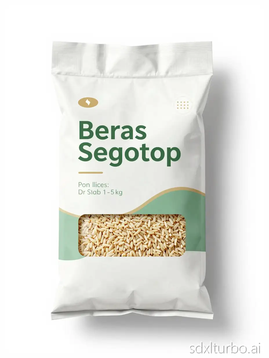 Front packaging design artwork, premium rice product for Indonesian market, year 2025. Product name displayed clearly: “Beras Segotop” (text-based branding, no logo symbol). Visual concept built on trust, transparency, and premium quality in response to rice adulteration issues. Design style: Zen minimalism + modern premium + subtle Javanese heritage. Clean layout with strong white space, calm and confident appearance. Include a transparent window (window cut-out) showing real rice grains to communicate honesty and purity. Color palette: white, rice green, natural cream, with restrained soft-gold accents. Typography: modern, clean, premium, easy to read. Include tamper-evident security seal indicator near the opening area. Material impression: eco-friendly premium rice sack (1–5 kg format). Flat packaging artwork, realistic print proportion, professional food packaging standard. Plain white background, no lifestyle scene, no hands, no environment.