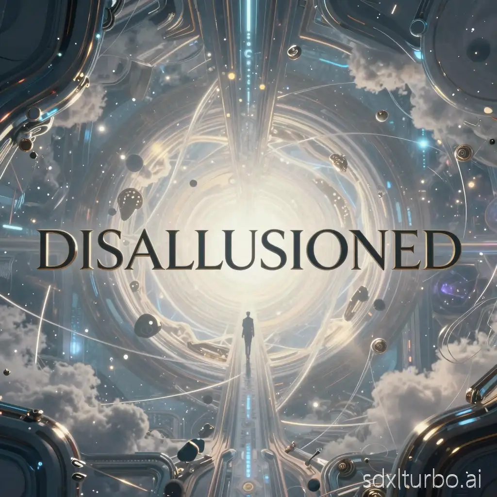 podcast cover design with artwork of epic sci-fi thriller film with clearly legible large text “DISALLUSIONED” in sophisticated modern futuristic style, cinematic, intriguing, mysterious, mesmerizing, sophistication, modern, futuristic, edgy, dreamy, dazzling, ultra-hyper photographic realism, lifelike, intricacy, complexity, extremely fine details, studio quality, super high resolution, 16k, masterpiece
