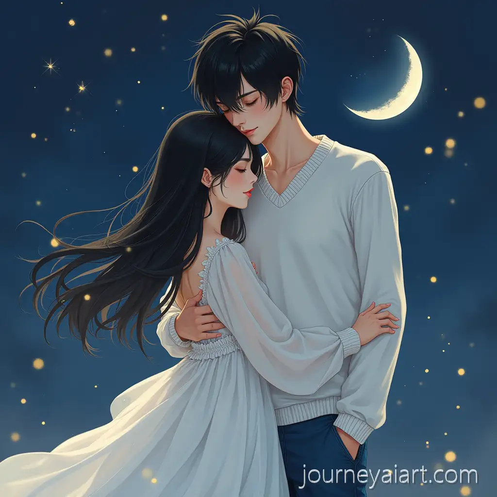 Chinese-Couple-in-Moonlight-Fantasy-Embracing-in-Elegant-White-and-Gold-Attire
