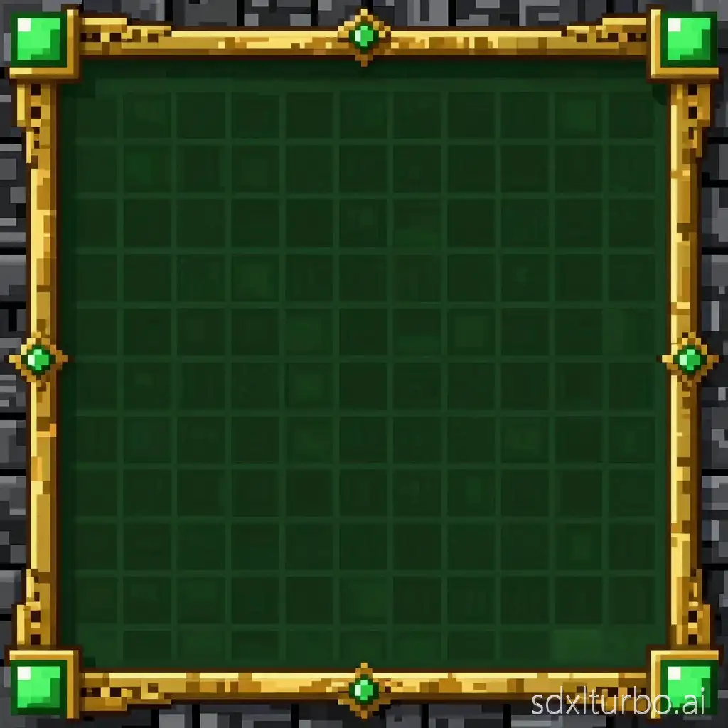 Minecraft chest inventory GUI background, exactly 176x166 pixels internal area, dark fantasy stone texture, gold ornate border, magical green glowing gems in corners, dark green center panel, no inventory slots drawn, no text, flat 2D style, pixel art