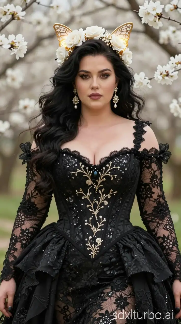 Ultra-realistic 8K cinematic fantasy portrait of an elegant ethereal thick woman standing in a soft ivory blossom garden, surrounded by delicate white flowers and dreamy bokeh light; she wears an ornate black lace corset gown with a deep sweetheart neckline, intricate floral embroidery, gold filigree vine detailing across the bodice, subtle gemstone embellishments, sheer lace long sleeves with floral patterns, and a structured voluminous skirt; detailed pearl and crystal drop earrings, soft glowing butterfly-shaped filigree headpiece with white roses and gold accents framing her hair, long flowing dark wavy hair with natural shine; soft luminous skin, natural glam makeup, warm brown eyes, calm confident expression; cinematic soft diffused lighting, shallow depth of field, creamy blurred floral background, high detail textures, sharp focus, photorealistic, fantasy couture aesthetic, masterpiece quality