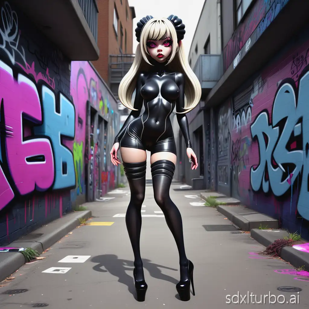 3D model like H.R.Giger style, exaggerated cartoon cute gyaru girl, (full body), pale skinned, drooping eyes, full lips, athlete body, black stockings, platformed heels, dynamic pose on the street, graffiti caricature style with bold tags, urban graffiti, vibrant sprays , whimsical, playful, satirical, hyperrealism, ISO 500